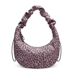 Lieblingstasche Moon Bag Ruffle in large size with a grey and purple leopard print pattern and gathered shoulder strap