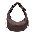 Lieblingstasche Moon Bag Ruffle Large in dark brown with a gathered shoulder strap and crescent moon silhouette.