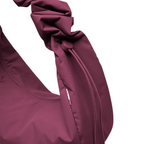 Lieblingstasche Moon Bag Ruffle Large in deep berry purple with a gathered scrunchie-style shoulder strap