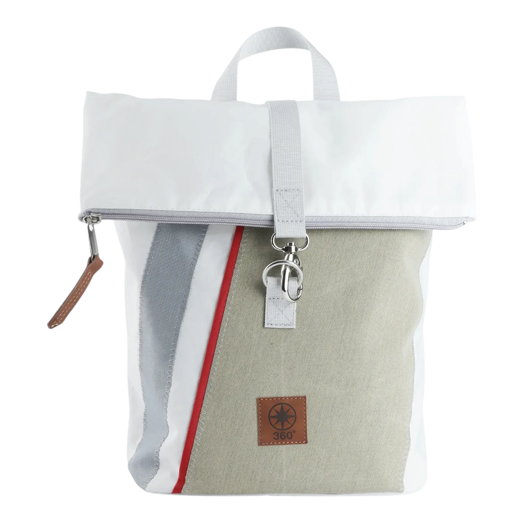Lieblingstasche Möwe roll-top backpack in white and beige sailcloth with a brown leather logo patch