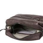 Lieblingstasche Mrs. Cannoli dark brown leather toiletry bag with open zippered main compartment and striped lining