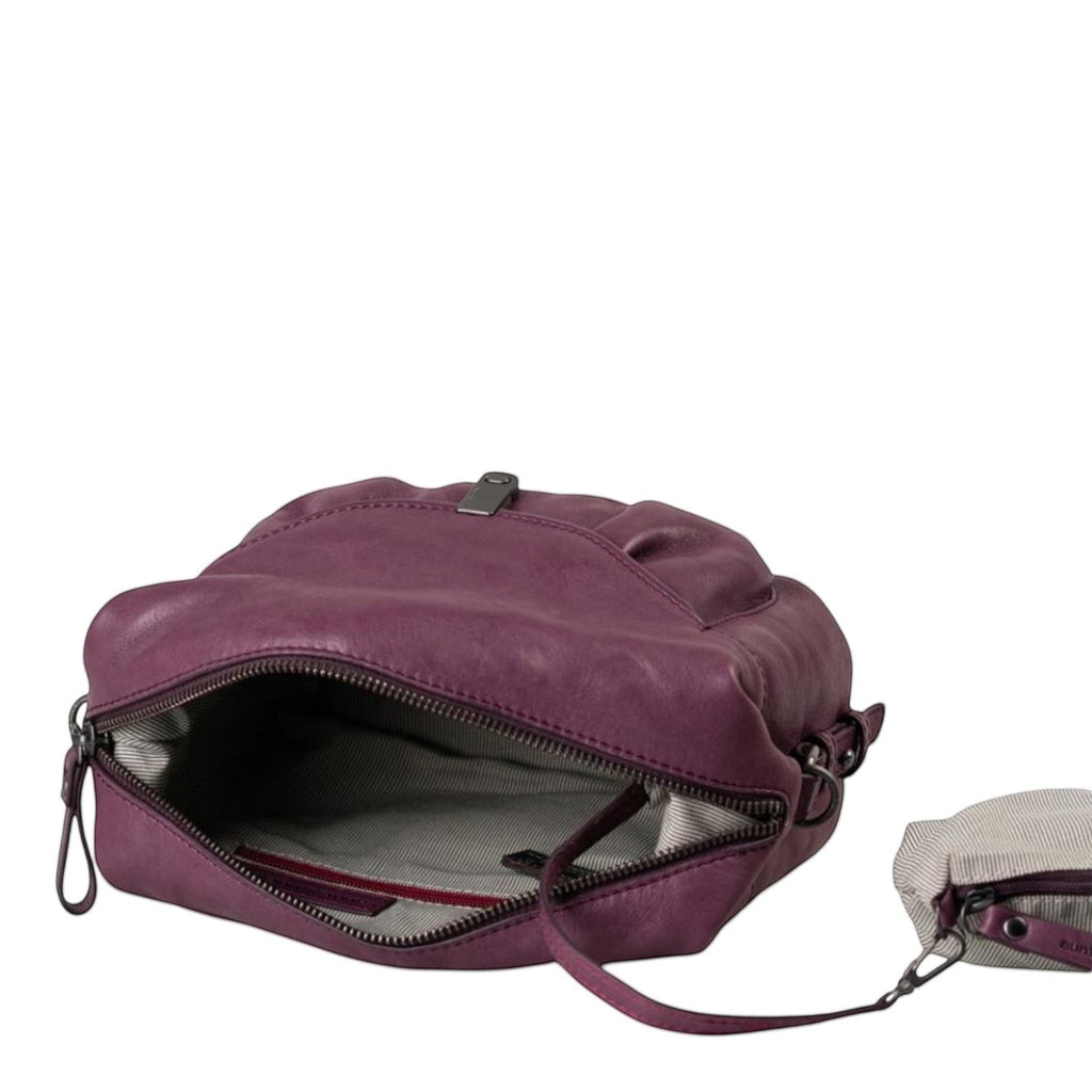 Lieblingstasche Mrs. Cannoli purple leather crossbody bag with an open zippered main compartment and striped lining.