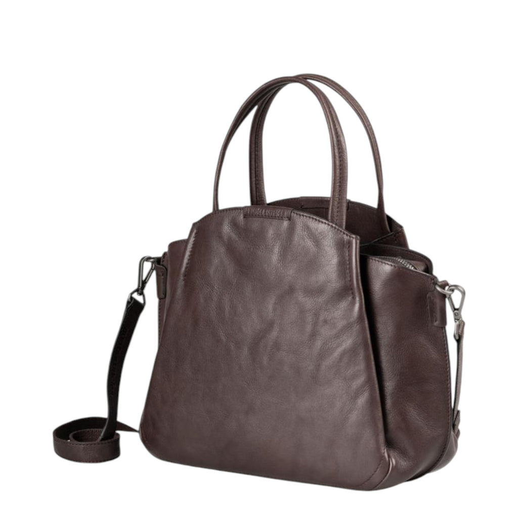 Lieblingstasche Mrs. Chiffon Pie dark brown leather handbag with dual top handles and a detachable shoulder strap.