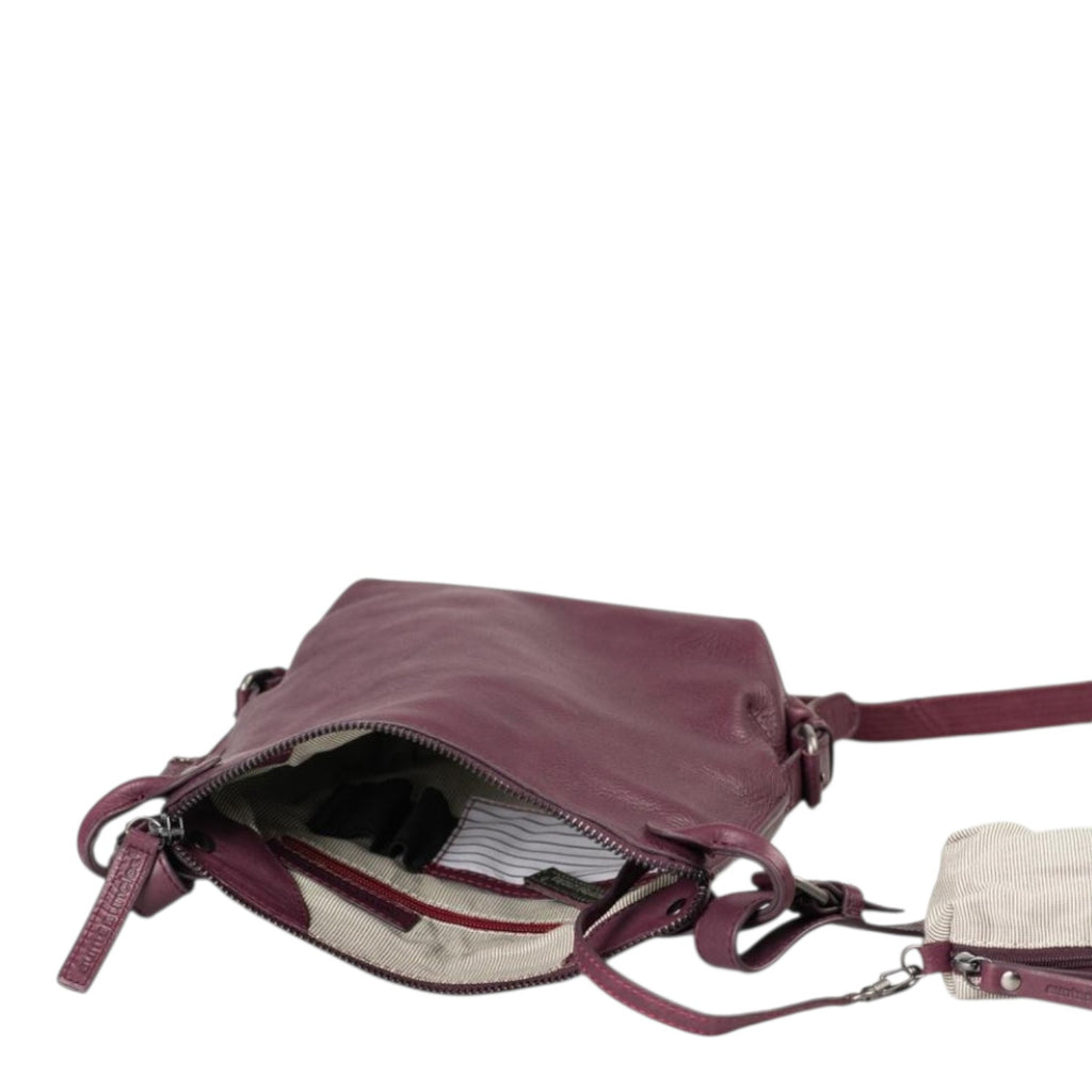 Lieblingstasche Mrs. Chocolate Cookie dark purple leather crossbody bag with open zipper and striped interior lining