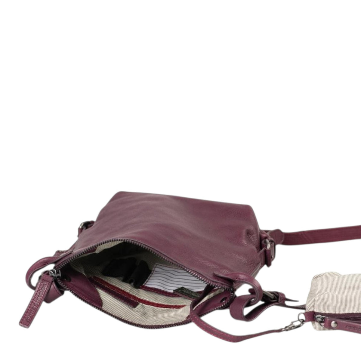 Lieblingstasche Mrs. Chocolate Cookie dark purple leather crossbody bag with open zipper and striped interior lining