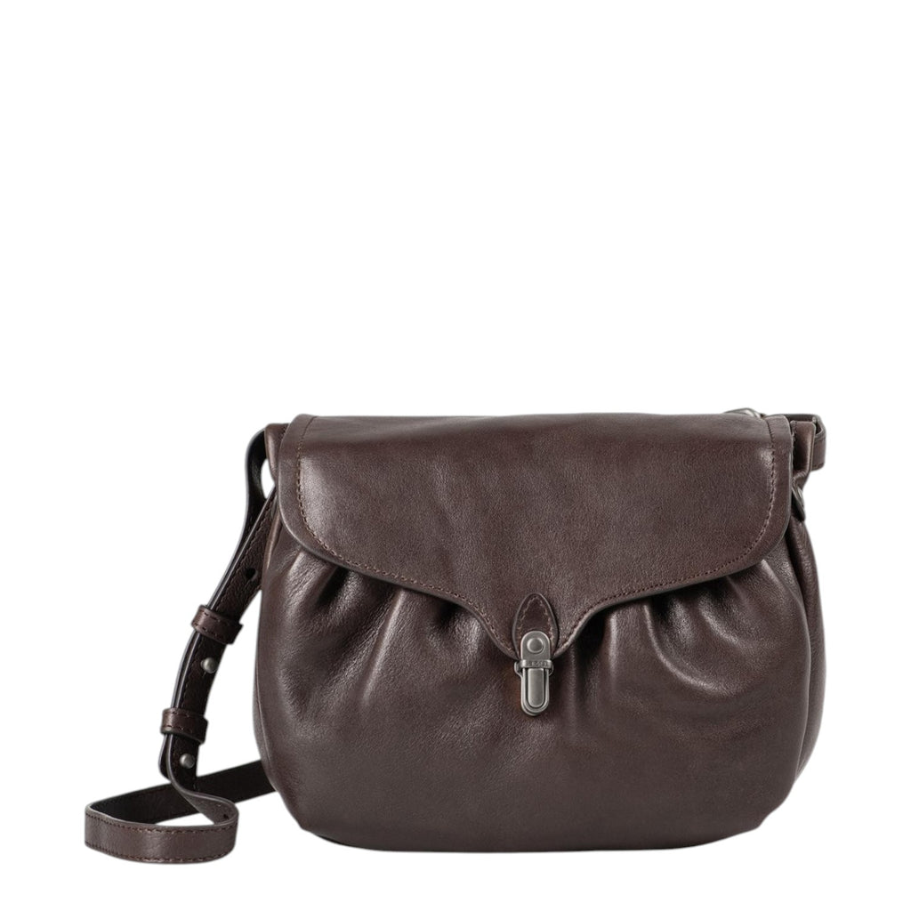 Lieblingstasche Mrs. Coconut Cake dark brown leather crossbody bag with a flap closure and silver metal hardware.
