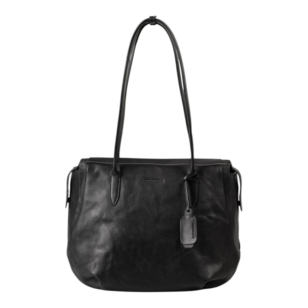 Lieblingstasche Mrs. Florentine black leather shoulder bag with long straps and a hanging leather tag