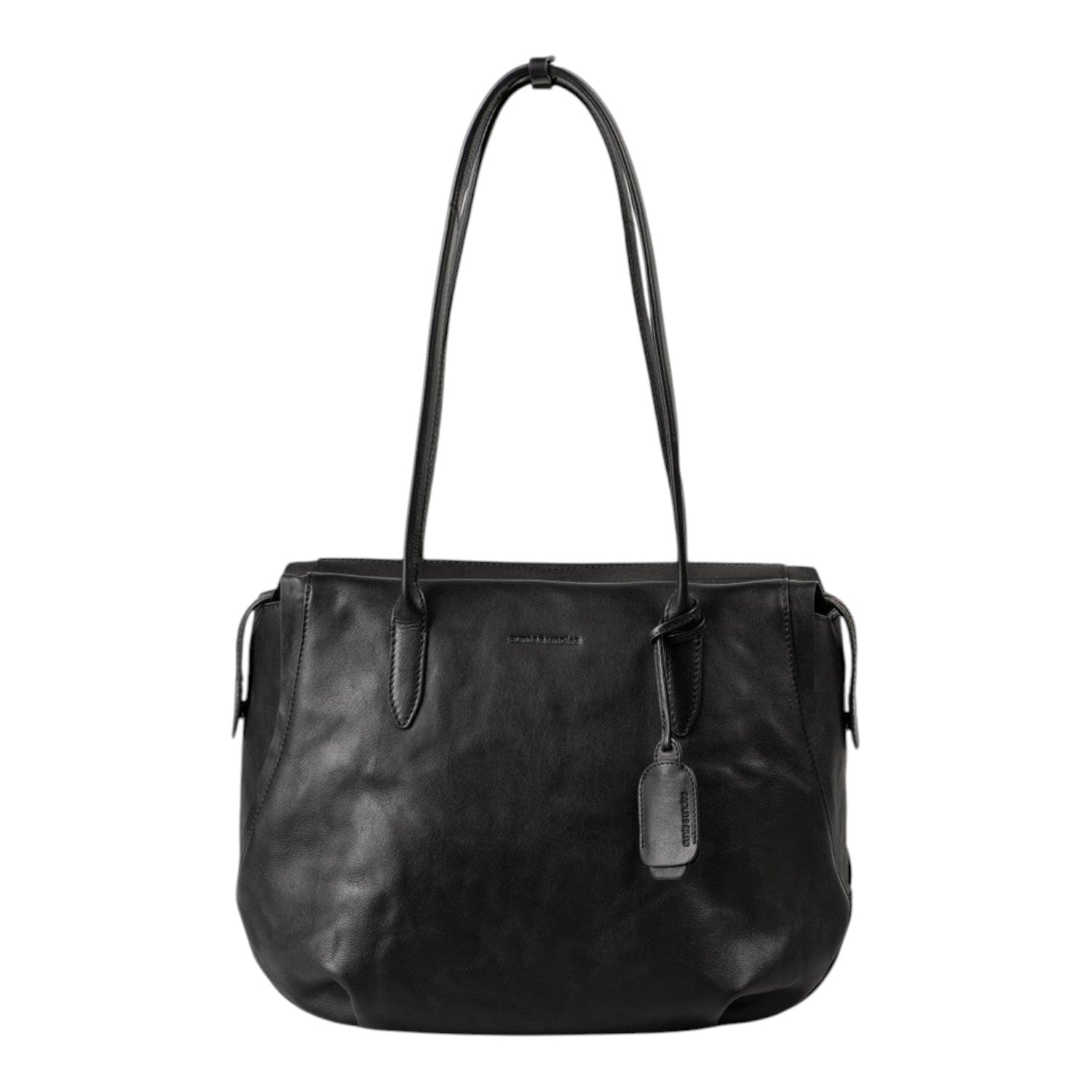 Lieblingstasche Mrs. Florentine black leather shoulder bag with long straps and a hanging leather tag