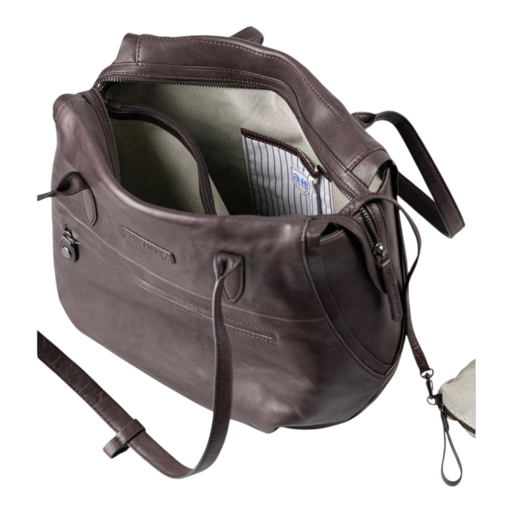 Lieblingstasche Mrs. Florentine dark brown leather handbag with open top, zipper closure, and striped interior lining