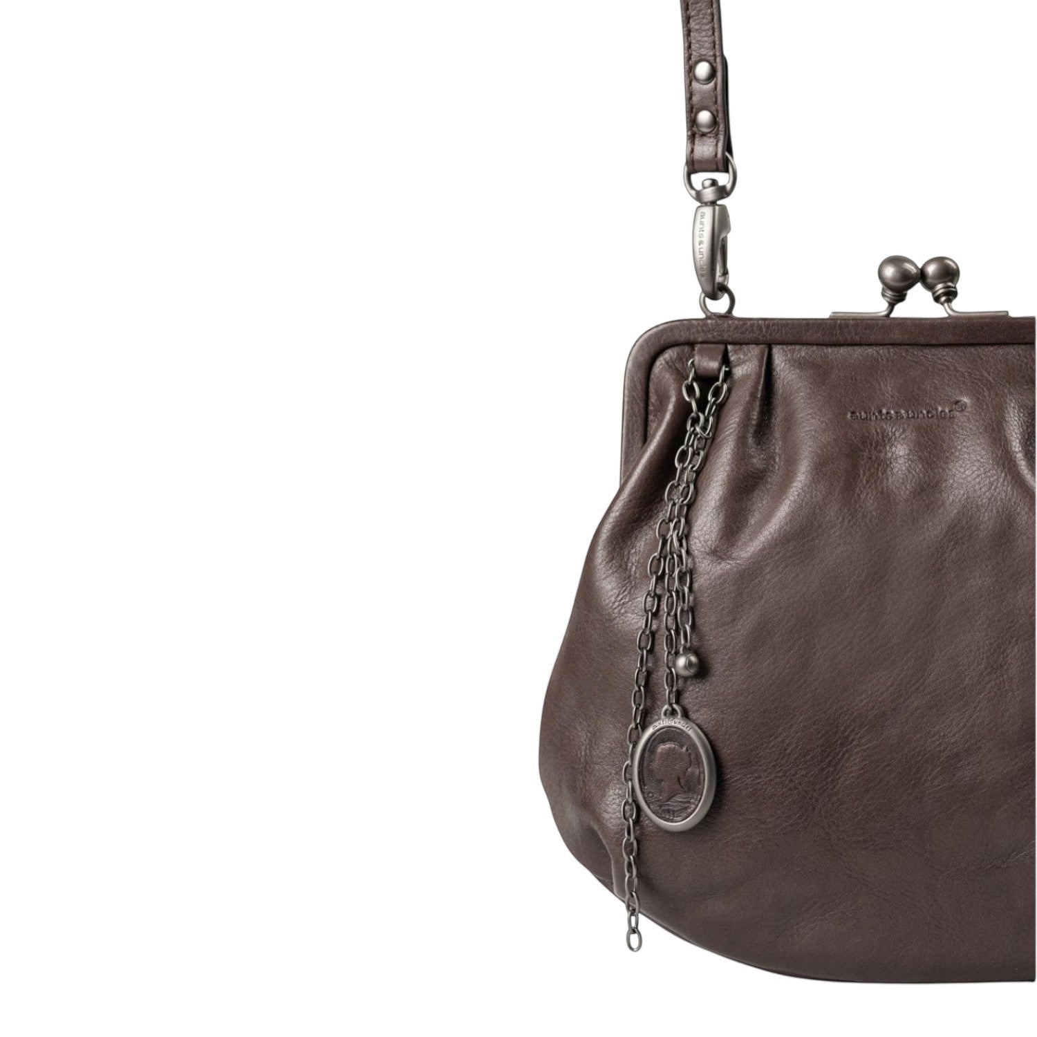 Lieblingstasche Mrs. Fortune Cookie dark brown leather handbag with a vintage metal clasp and decorative charm