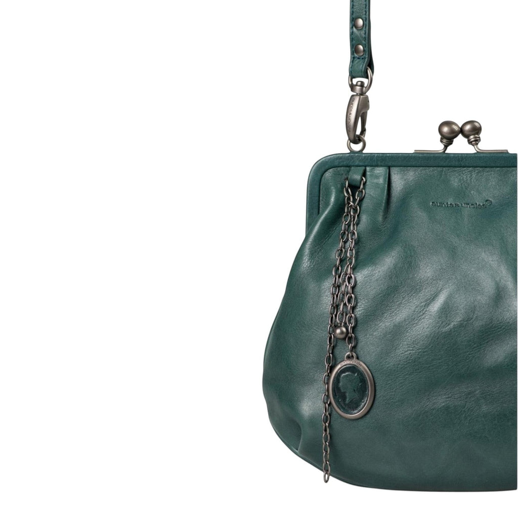 Lieblingstasche Mrs. Fortune Cookie dark green leather handbag with a vintage kiss-lock clasp and chain charm