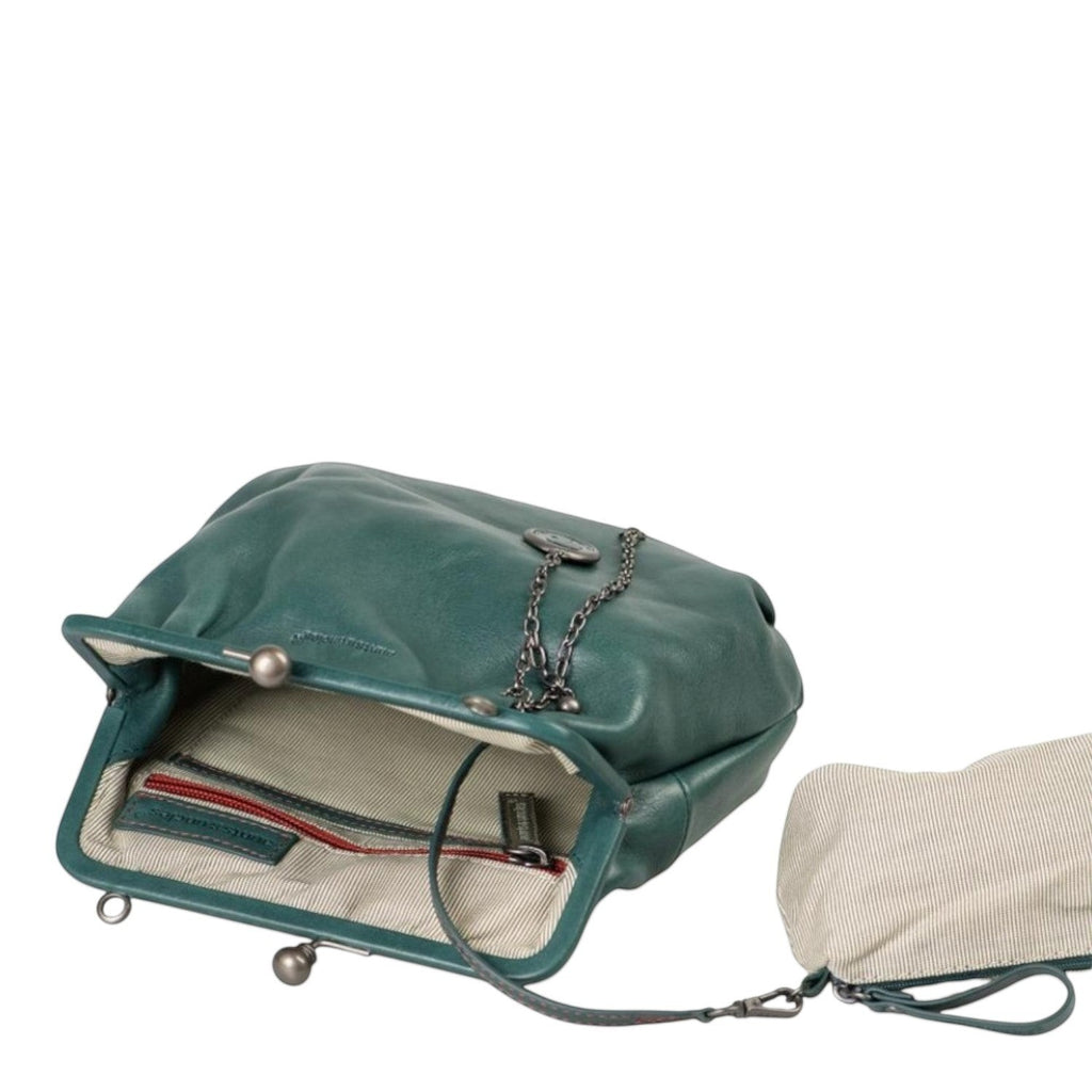 Lieblingstasche Mrs. Fortune Cookie dark green leather handbag with a metal frame clasp and removable inner pouch