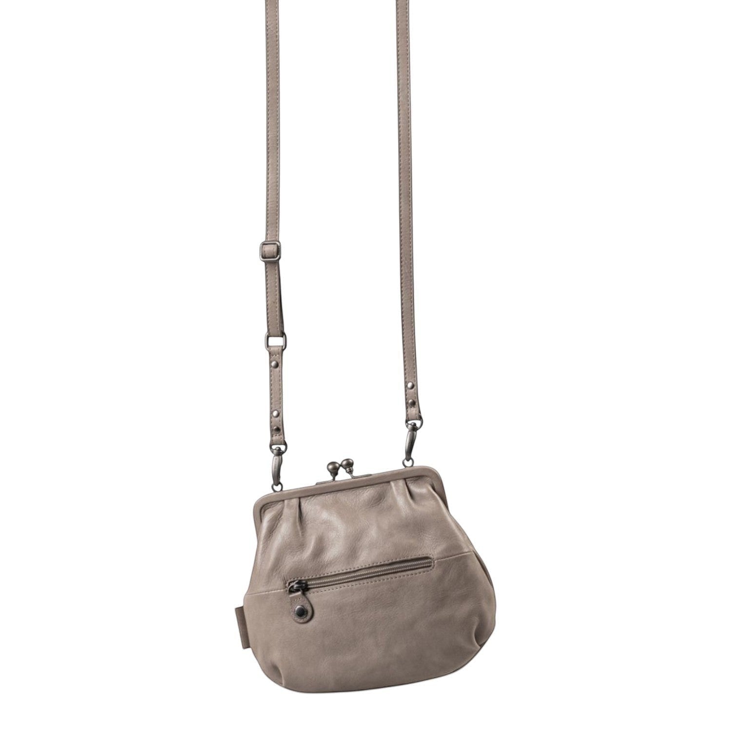 Lieblingstasche Mrs. Fortune Cookie taupe leather crossbody bag with kiss-lock closure and back zipper pocket