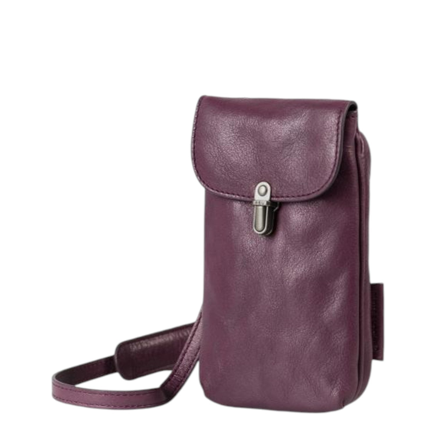 Lieblingstasche Mrs. Lemon Twist purple leather crossbody phone bag with a flap closure and metal hardware