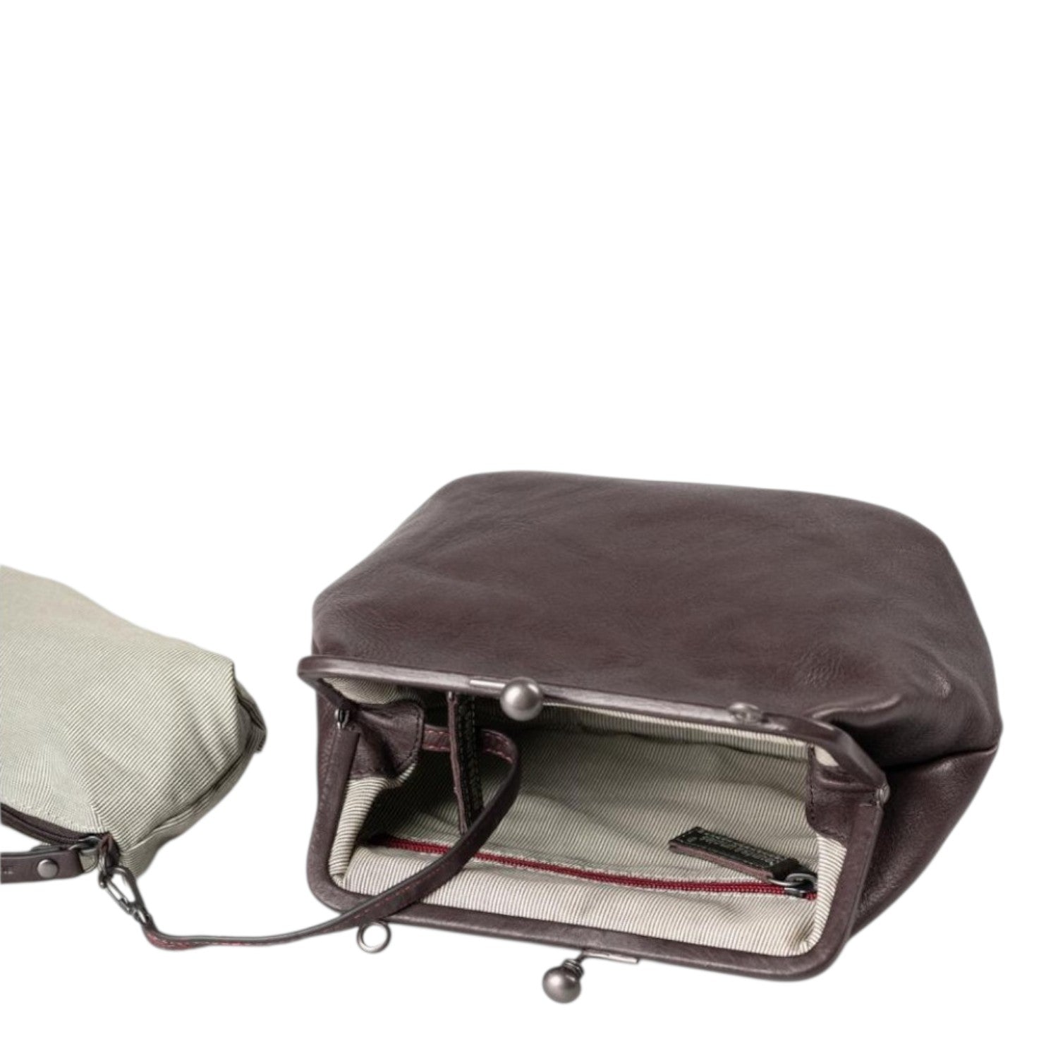 Lieblingstasche Mrs. Pizzelle dark brown leather clutch with a vintage metal kiss-lock clasp and striped lining.