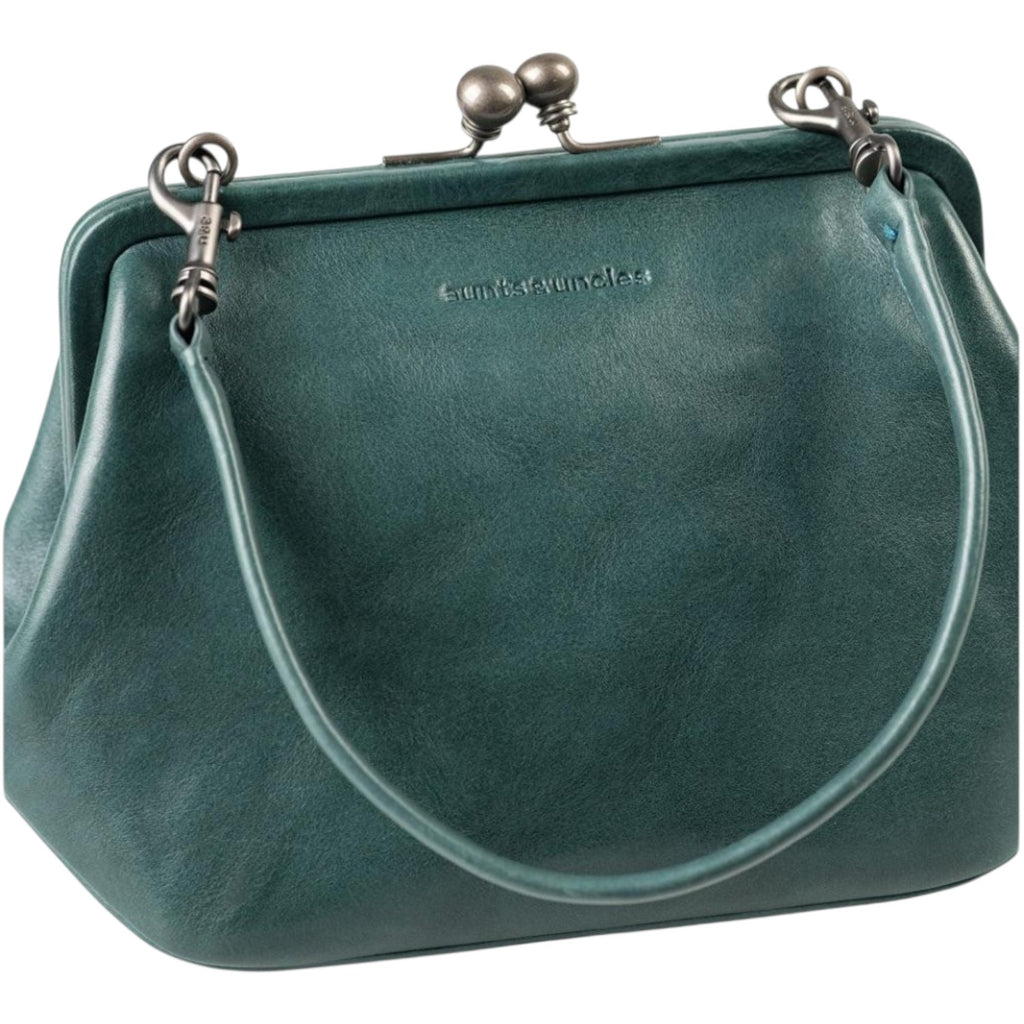 Lieblingstasche Mrs. Pizzelle handbag in dark green leather with a vintage-style metal kiss-lock clasp and handle.