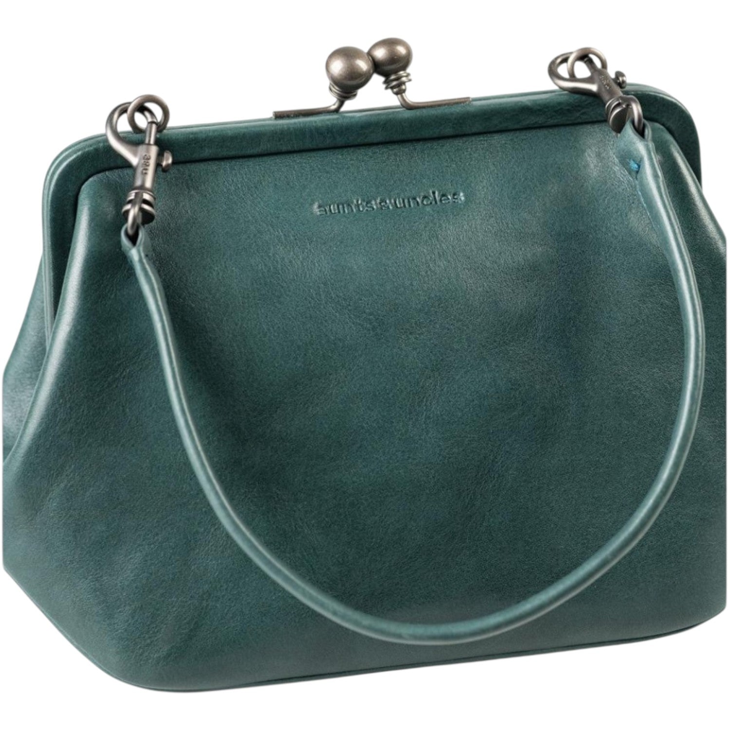 Lieblingstasche Mrs. Pizzelle handbag in dark green leather with a vintage-style metal kiss-lock clasp and handle.