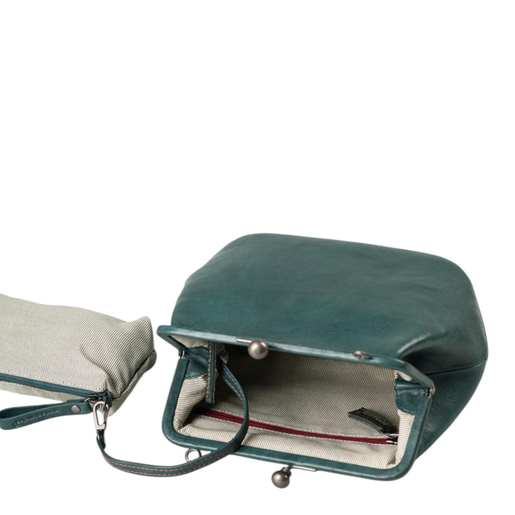Lieblingstasche Mrs. Pizzelle dark green leather handbag with a vintage-style kiss-lock clasp and striped lining.