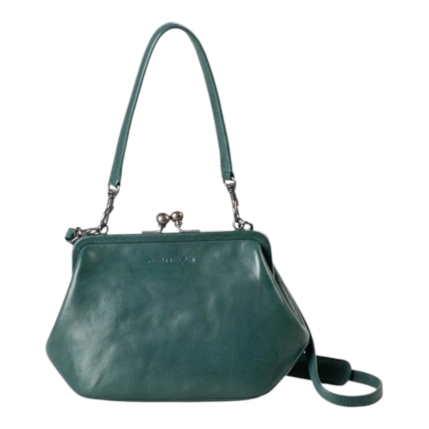 Lieblingstasche Mrs. Pizzelle dark green leather handbag with a vintage-style kiss-lock clasp and shoulder strap.
