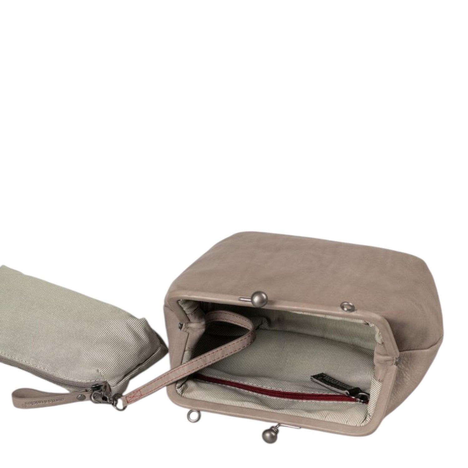 Lieblingstasche Mrs. Pizzelle taupe leather handbag with a kiss-lock clasp and an attached small matching pouch.