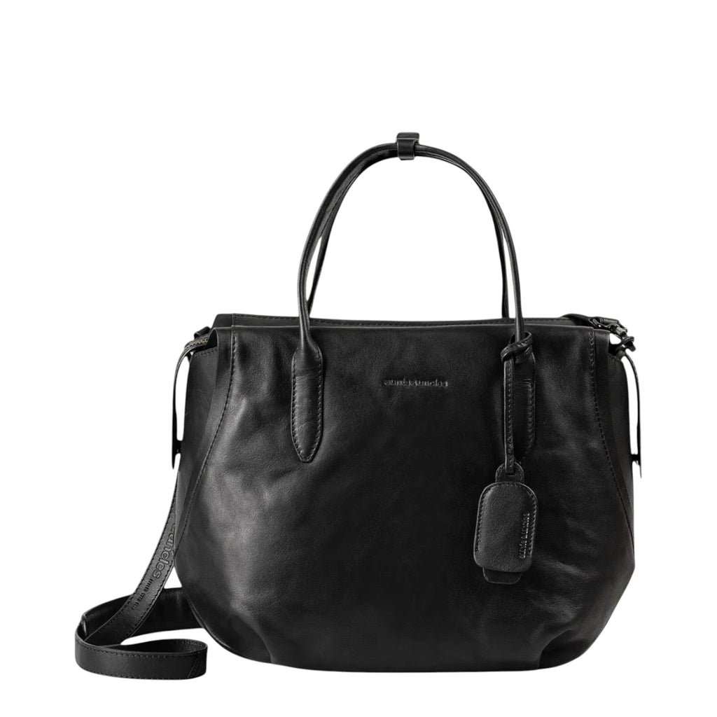 Lieblingstasche Mrs. Profiterole black leather handbag with dual top handles and a detachable shoulder strap.