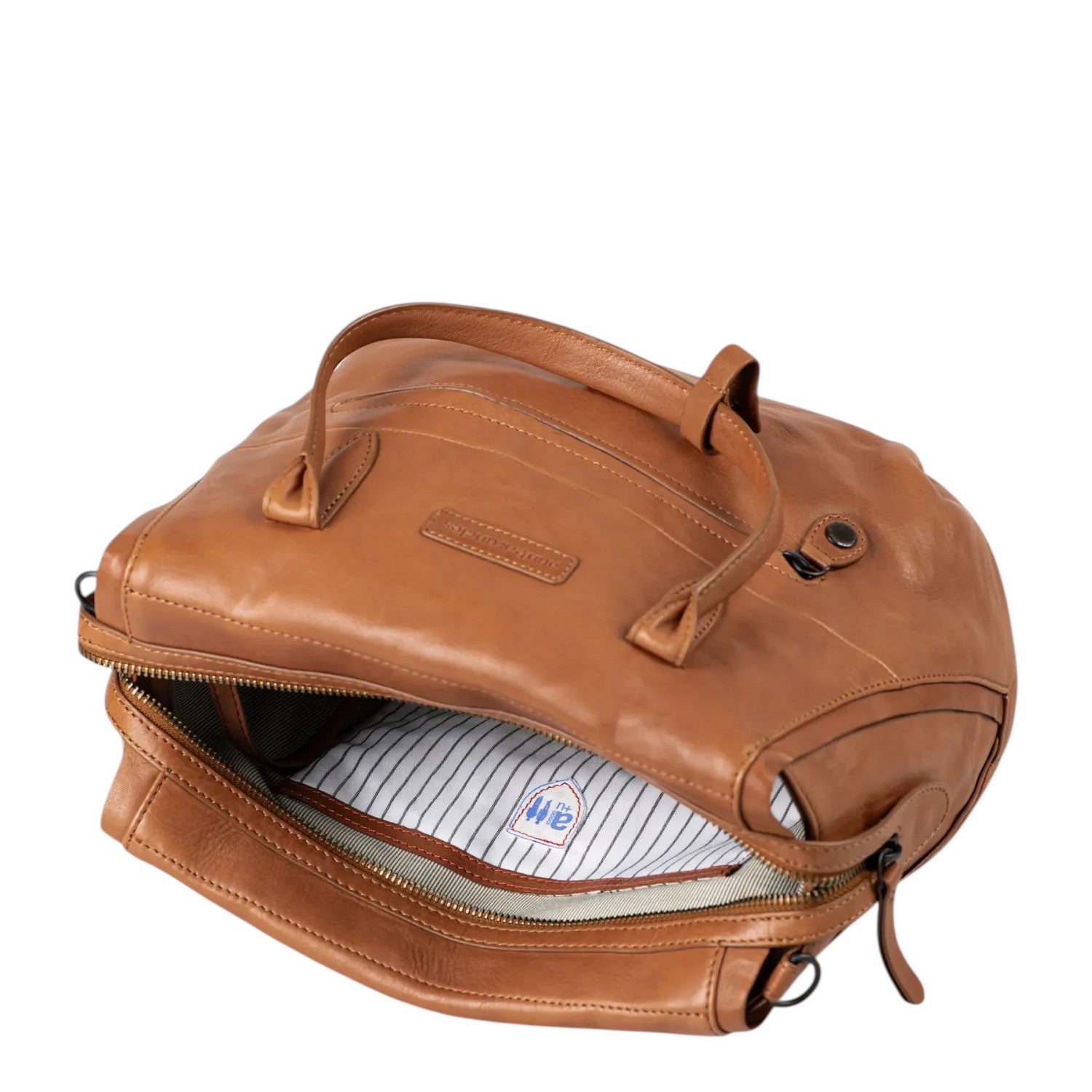 Lieblingstasche Mrs. Profiterole brown leather handbag with top handles and striped interior lining
