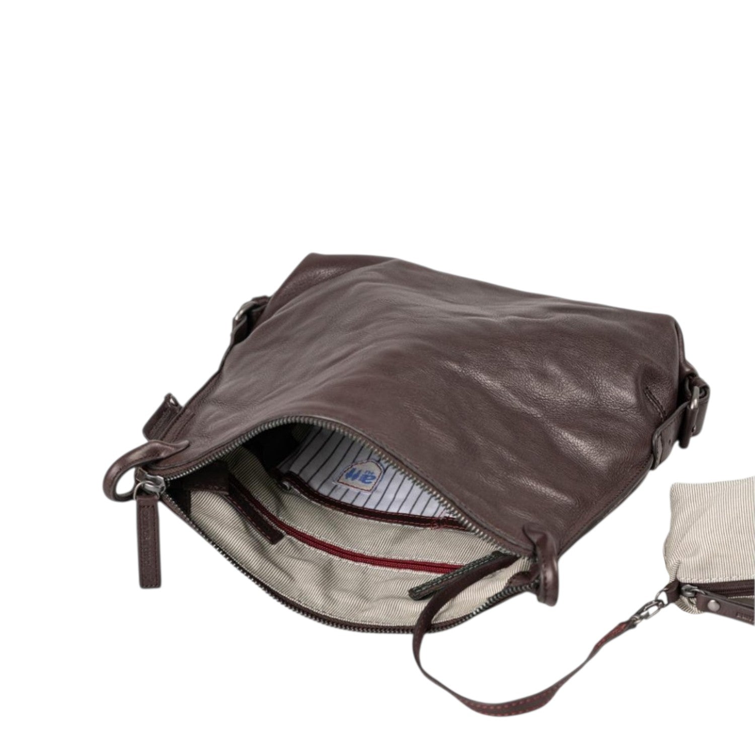 Lieblingstasche Mrs. Raisin Cookie brown leather crossbody bag with open zipper and striped interior lining