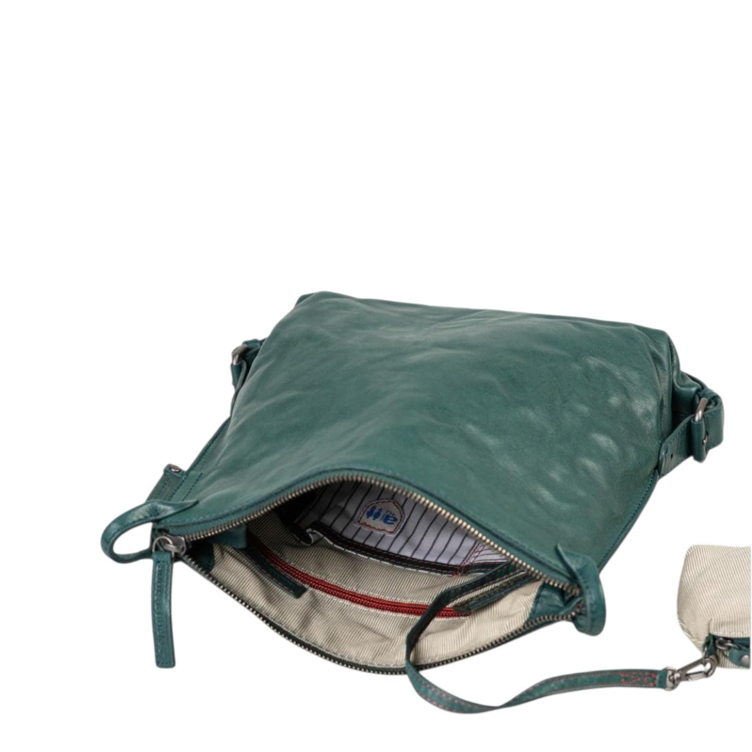 Lieblingstasche Mrs. Raisin Cookie dark green leather crossbody bag with open zipper and striped interior lining
