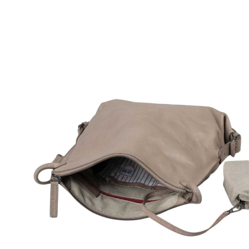 Lieblingstasche Mrs. Raisin Cookie taupe leather crossbody bag with open zippered top and striped interior lining