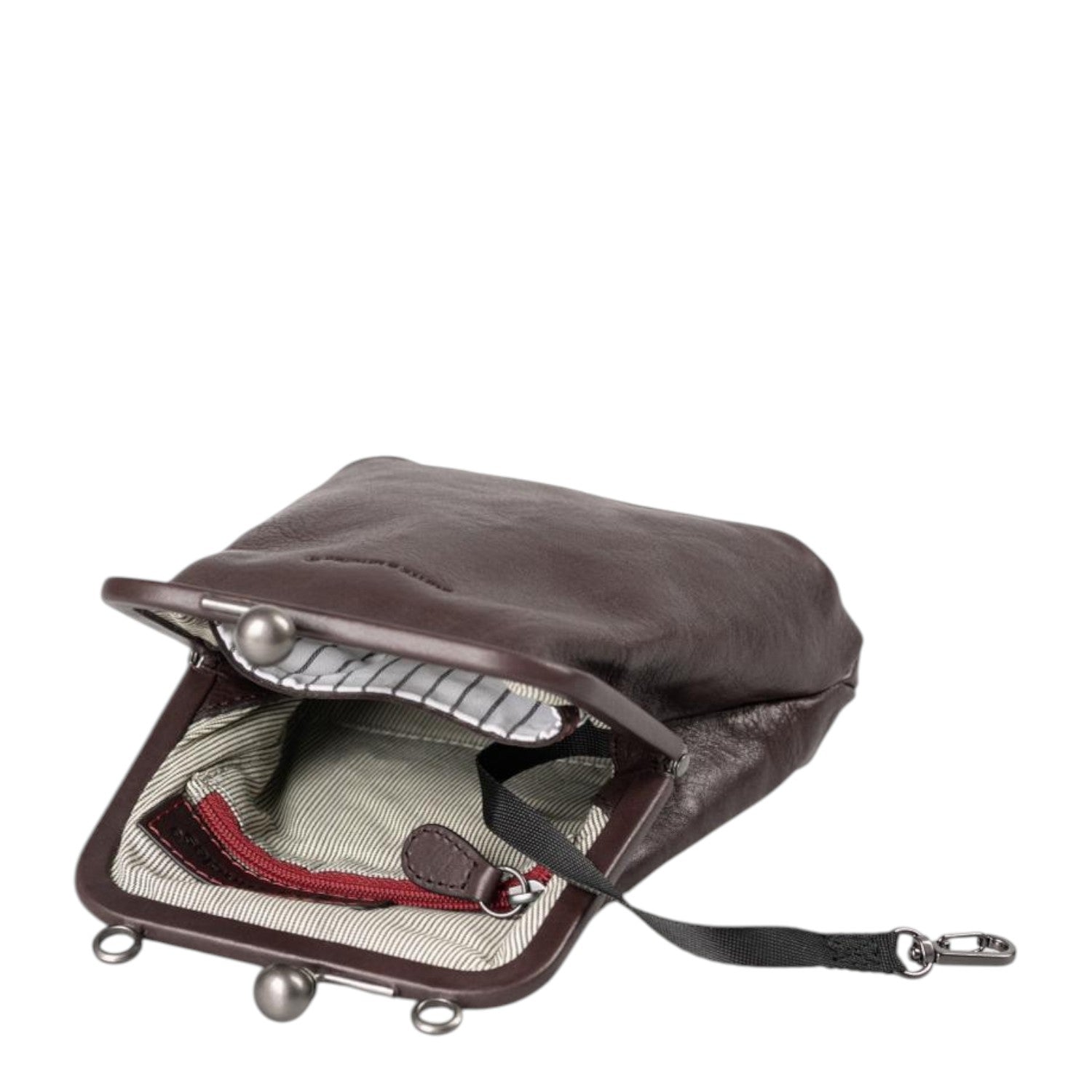 Lieblingstasche Mrs. Sugar Pop dark brown leather pouch with a metal kiss-lock clasp and striped interior lining.