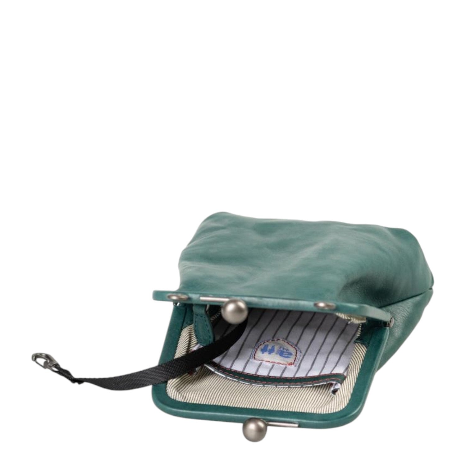 Lieblingstasche Mrs. Sugar Pop dark green leather purse with a vintage-style metal kiss-lock clasp and striped lining