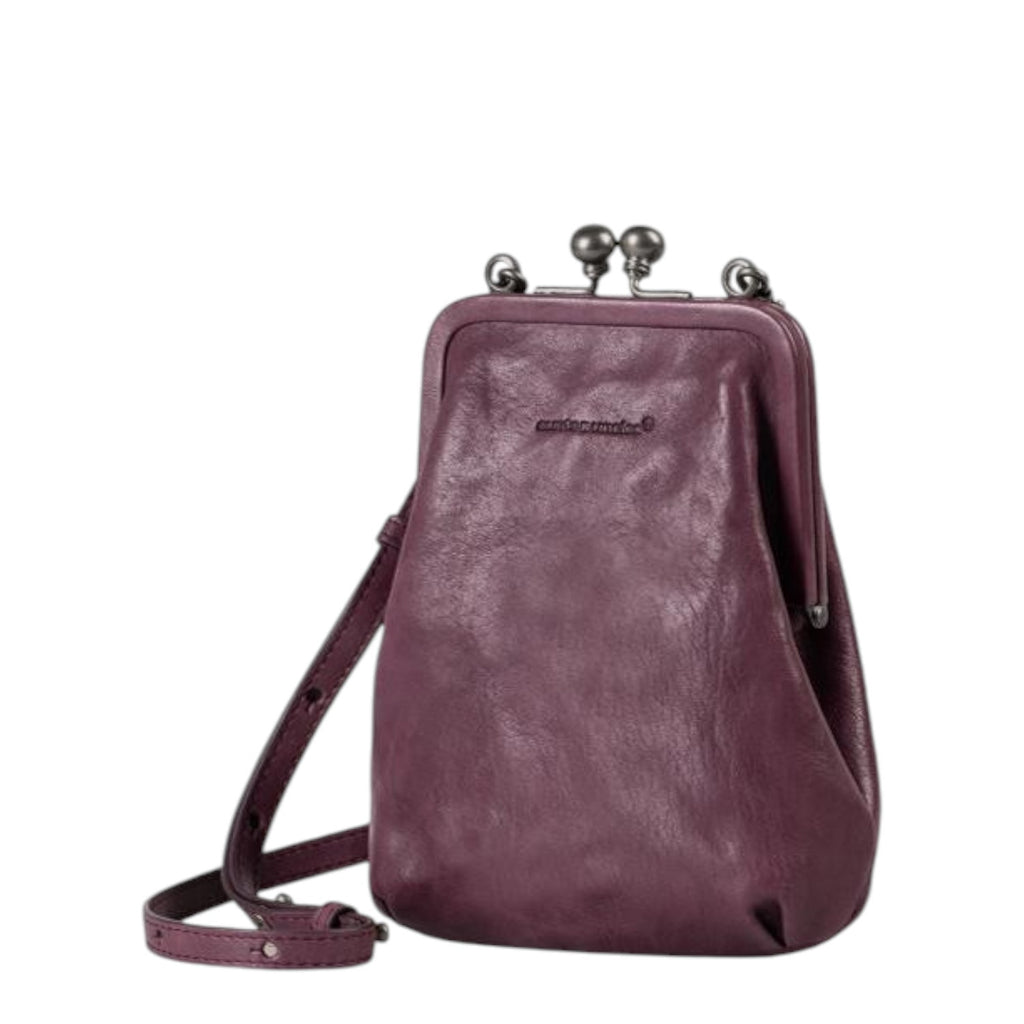 Lieblingstasche Mrs. Sugar Pop purple leather crossbody bag with a vintage-style kiss-lock clasp closure.
