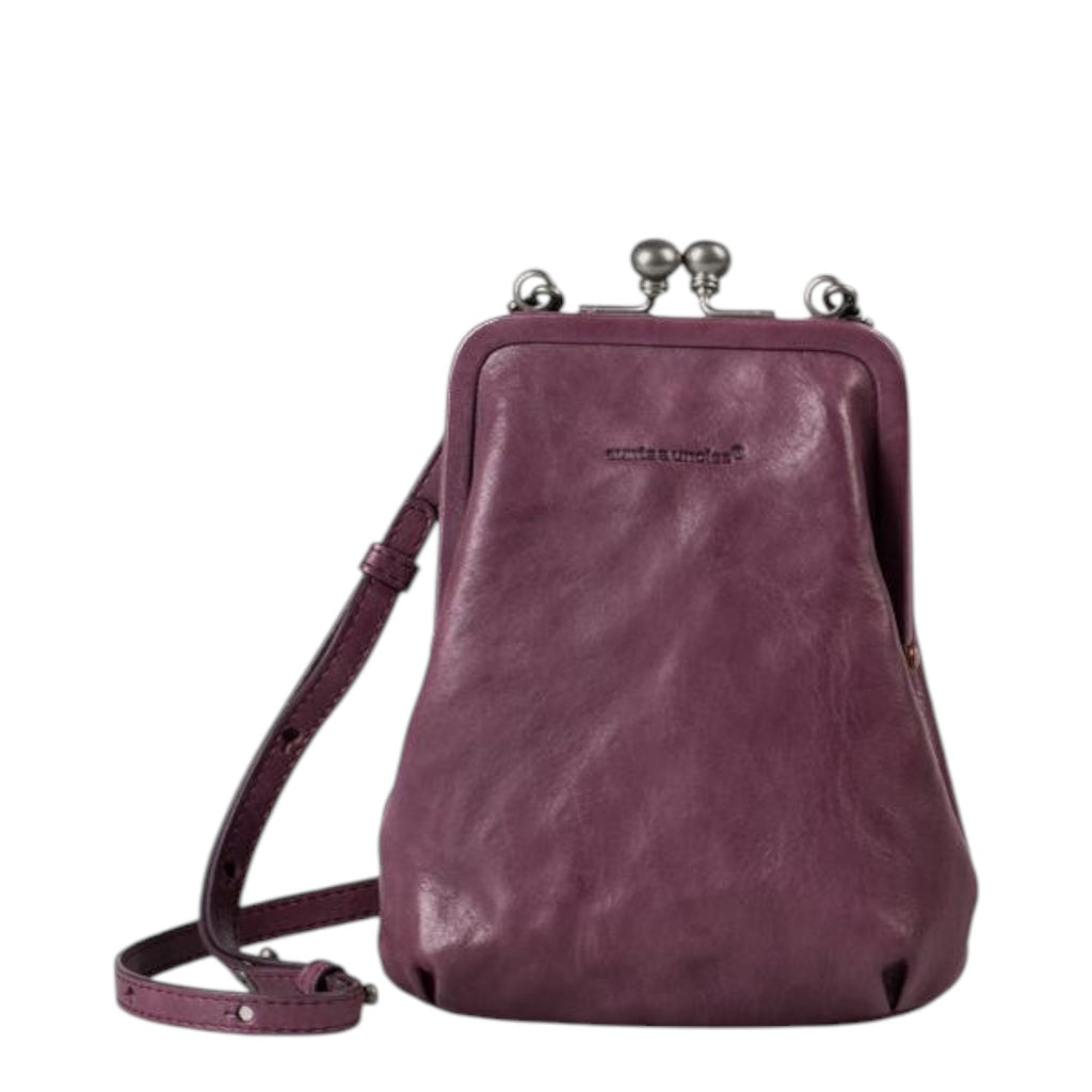 Lieblingstasche Mrs. Sugar Pop purple leather crossbody bag with a vintage-style metal kiss-lock clasp