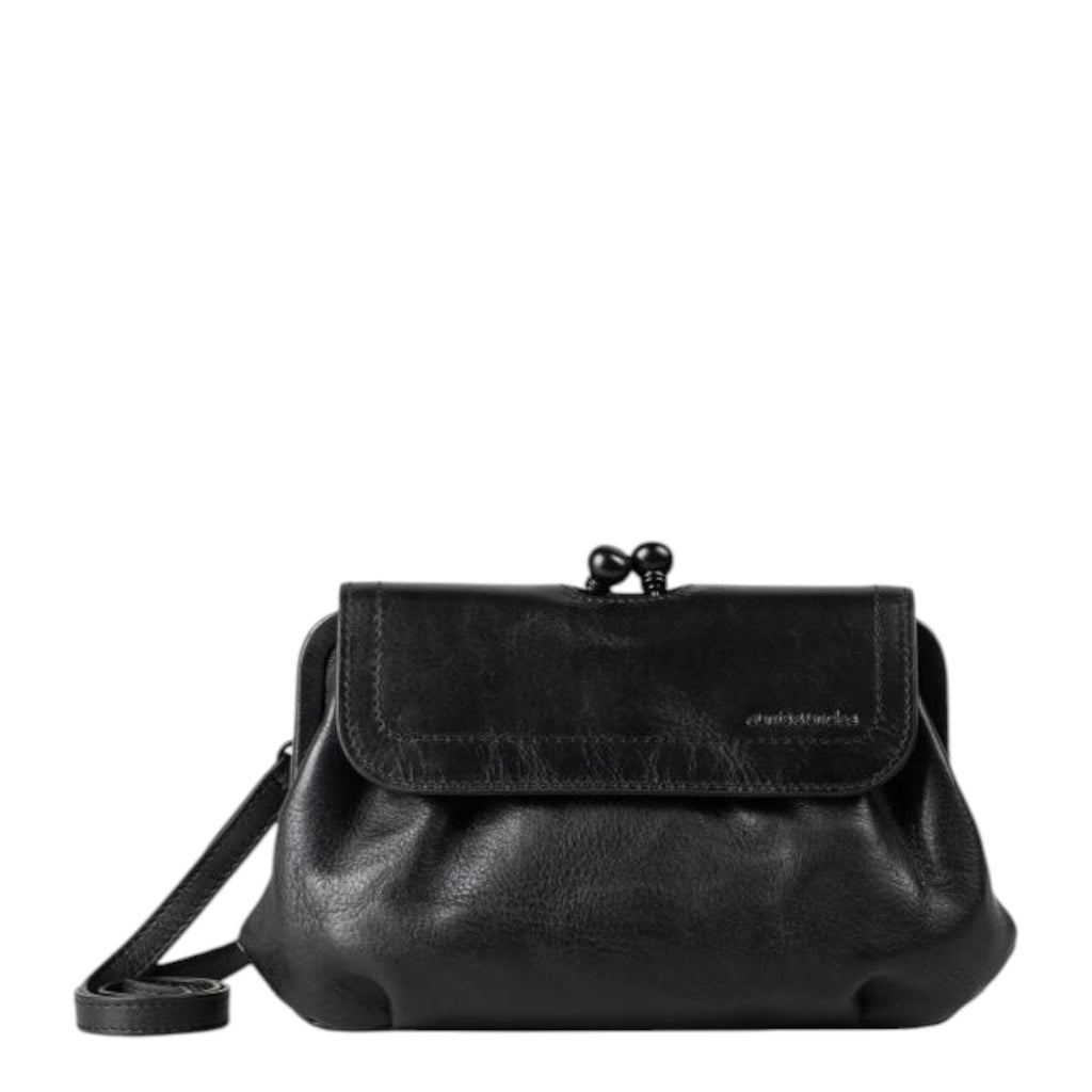 Lieblingstasche Mrs. Whoopie Pie black leather crossbody bag with a vintage-style kiss-lock clasp closure.