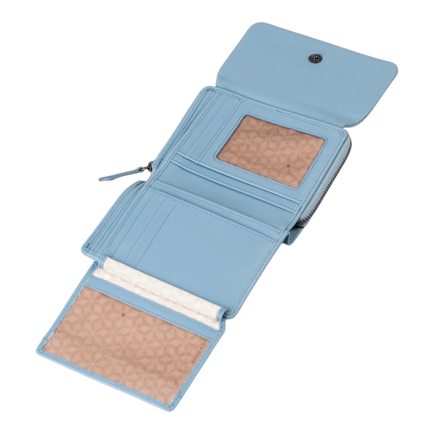 Lieblingstasche Myrtle light blue leather wallet with open interior, card slots, and patterned lining