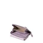 Lieblingstasche Myrtle lilac leather wallet with open zip compartment and card slots on a white background