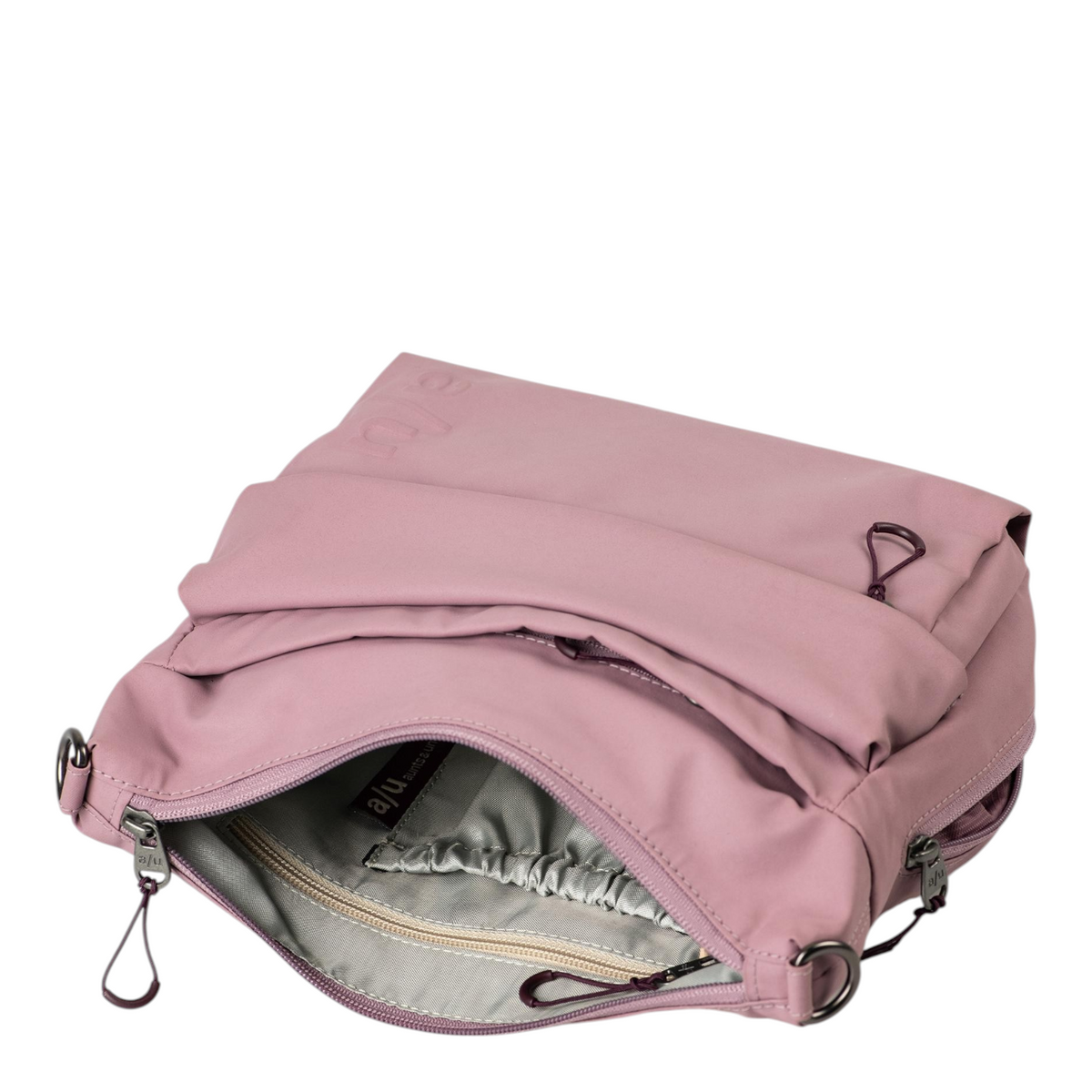 Lieblingstasche Nanuki RE lite dusty pink crossbody bag with open zippered main compartment and interior pockets