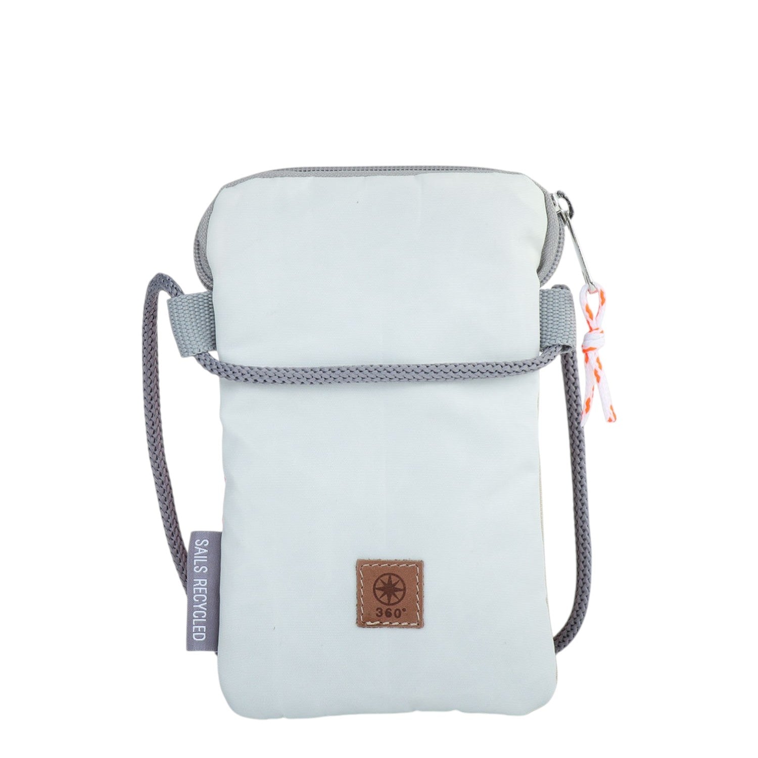 Lieblingstasche Nautik Lütt light blue recycled sail crossbody phone bag with grey trim and rope strap.