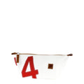 Lieblingstasche Navigator white recycled sailcloth toiletry bag with a large red number four and brown leather trim.