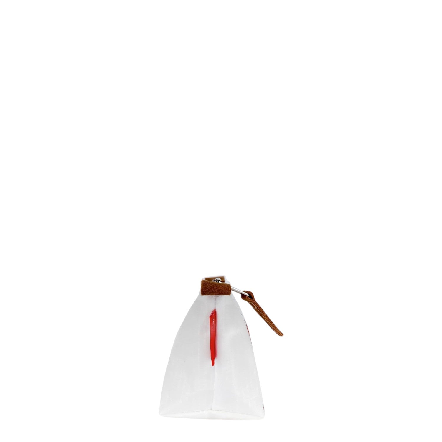 Lieblingstasche Navigator white pouch with brown leather zipper pull and red side tab, side profile view