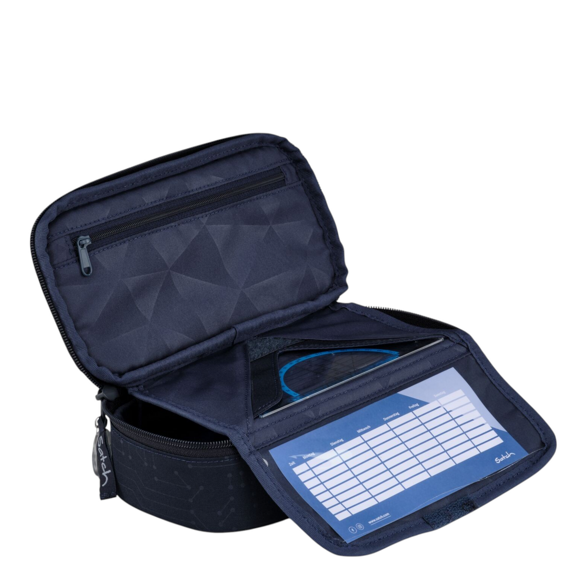 Lieblingstasche navy blue pencil case with geometric pattern, interior organizer, and integrated timetable