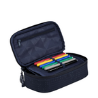 Lieblingstasche navy blue pencil case with geometric pattern and internal pen organizer holding colorful markers