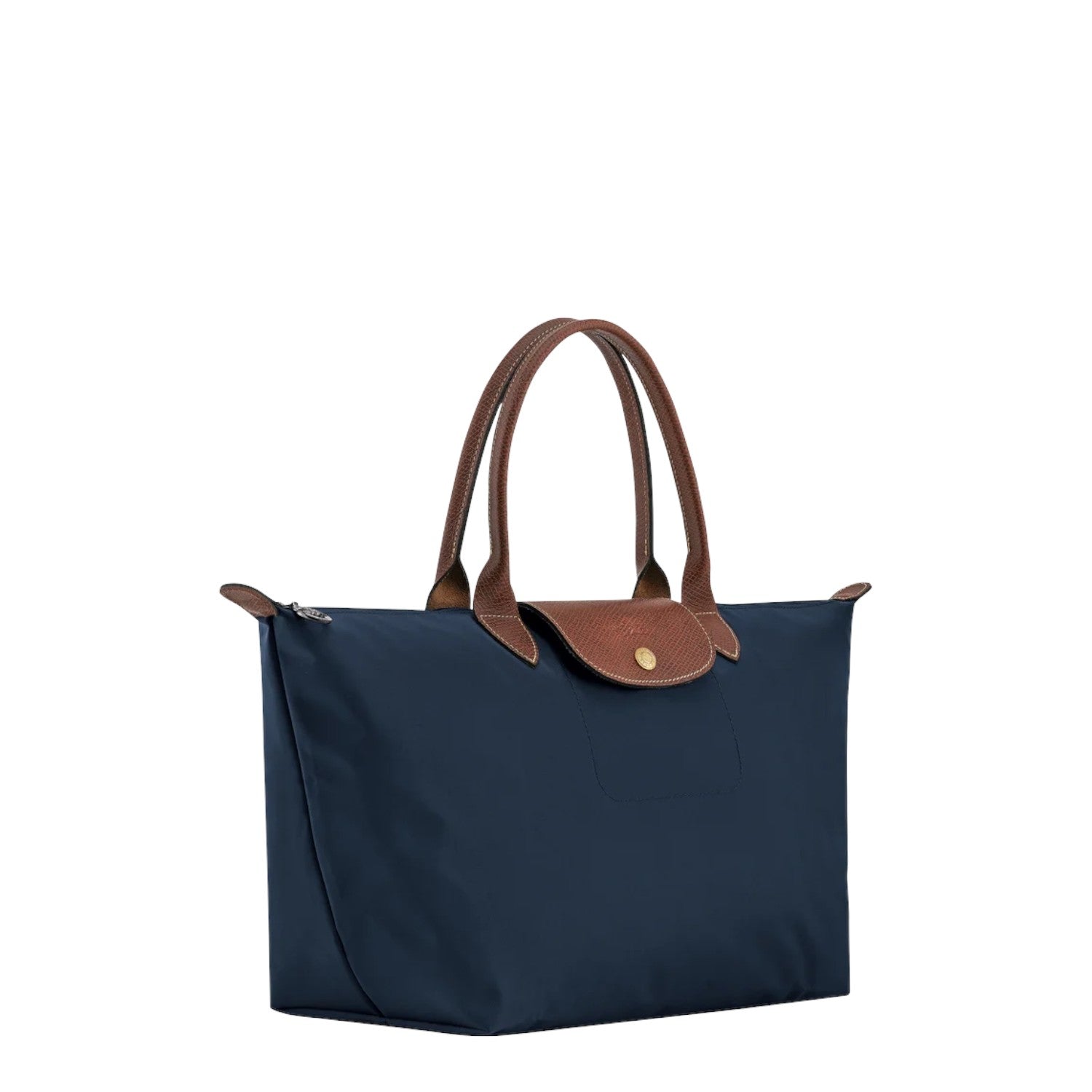 Lieblingstasche navy blue nylon tote bag with brown leather handles and trim, snap closure.
