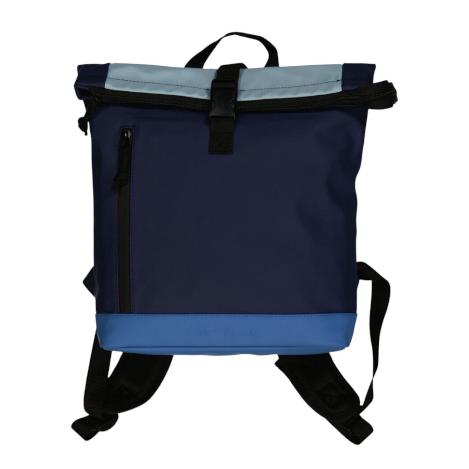 Lieblingstasche navy blue rolltop backpack with light blue accents and a front zip pocket.