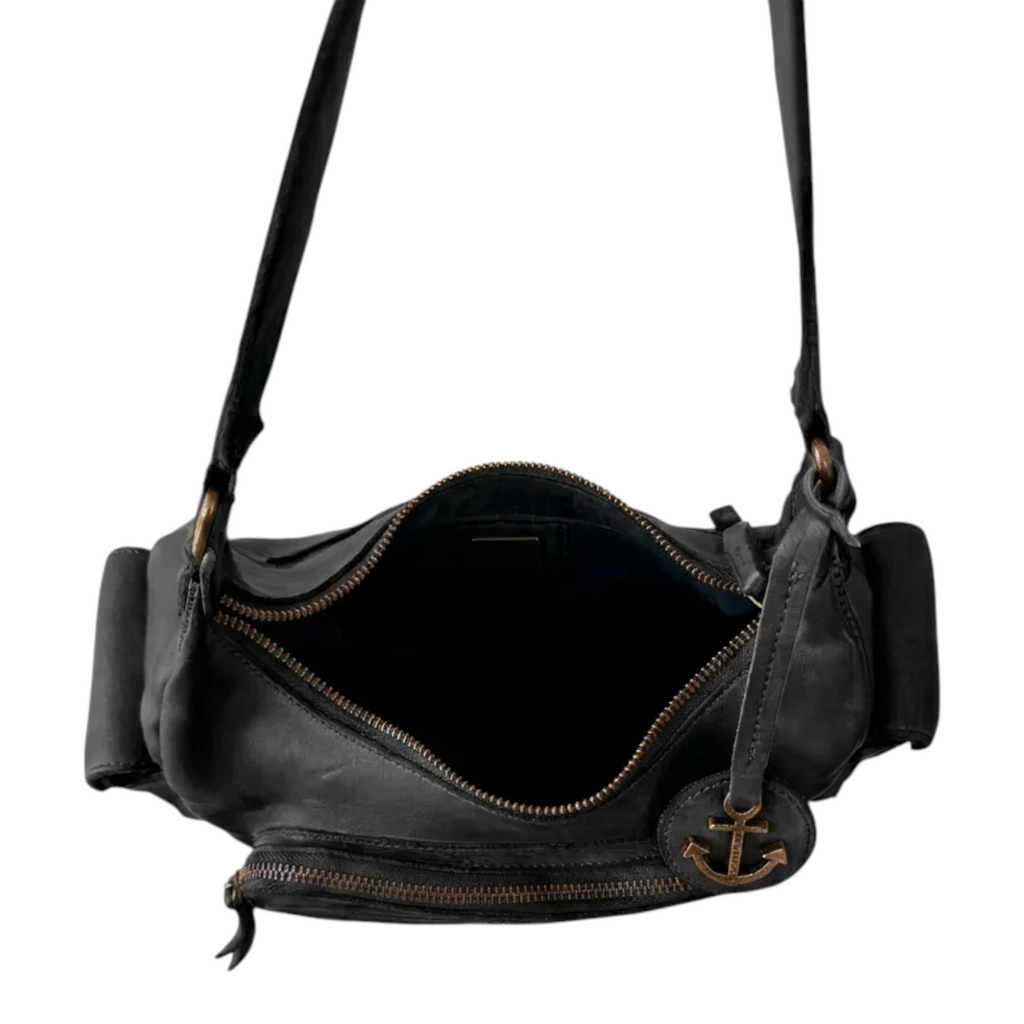 Lieblingstasche Nerina black leather crossbody bag with a top zipper and a decorative bronze anchor charm