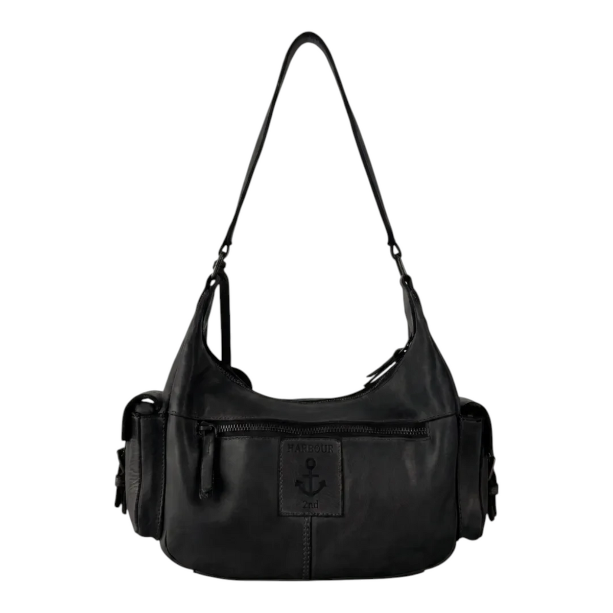 Lieblingstasche Nerina black leather hobo bag with side pockets and embossed anchor logo detail