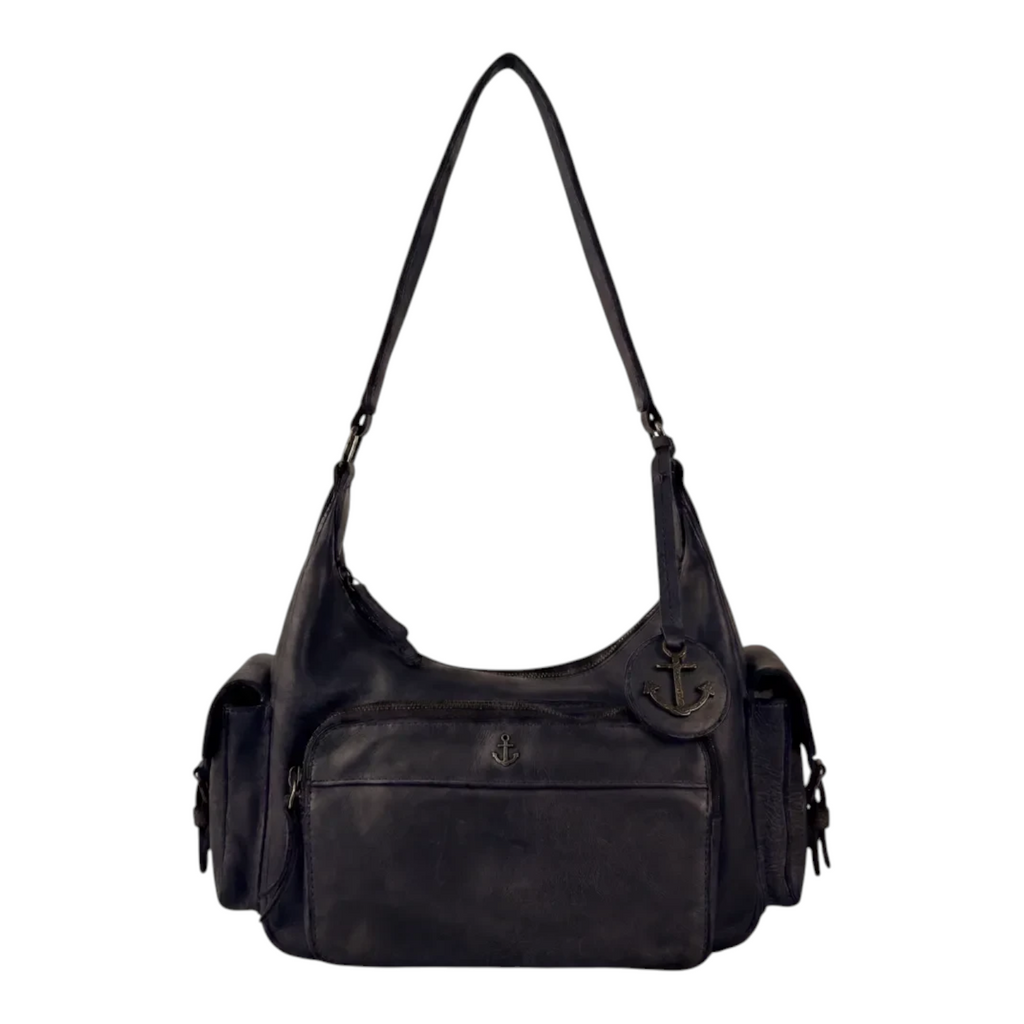 Lieblingstasche Nerina black leather hobo bag with anchor charm and side pockets