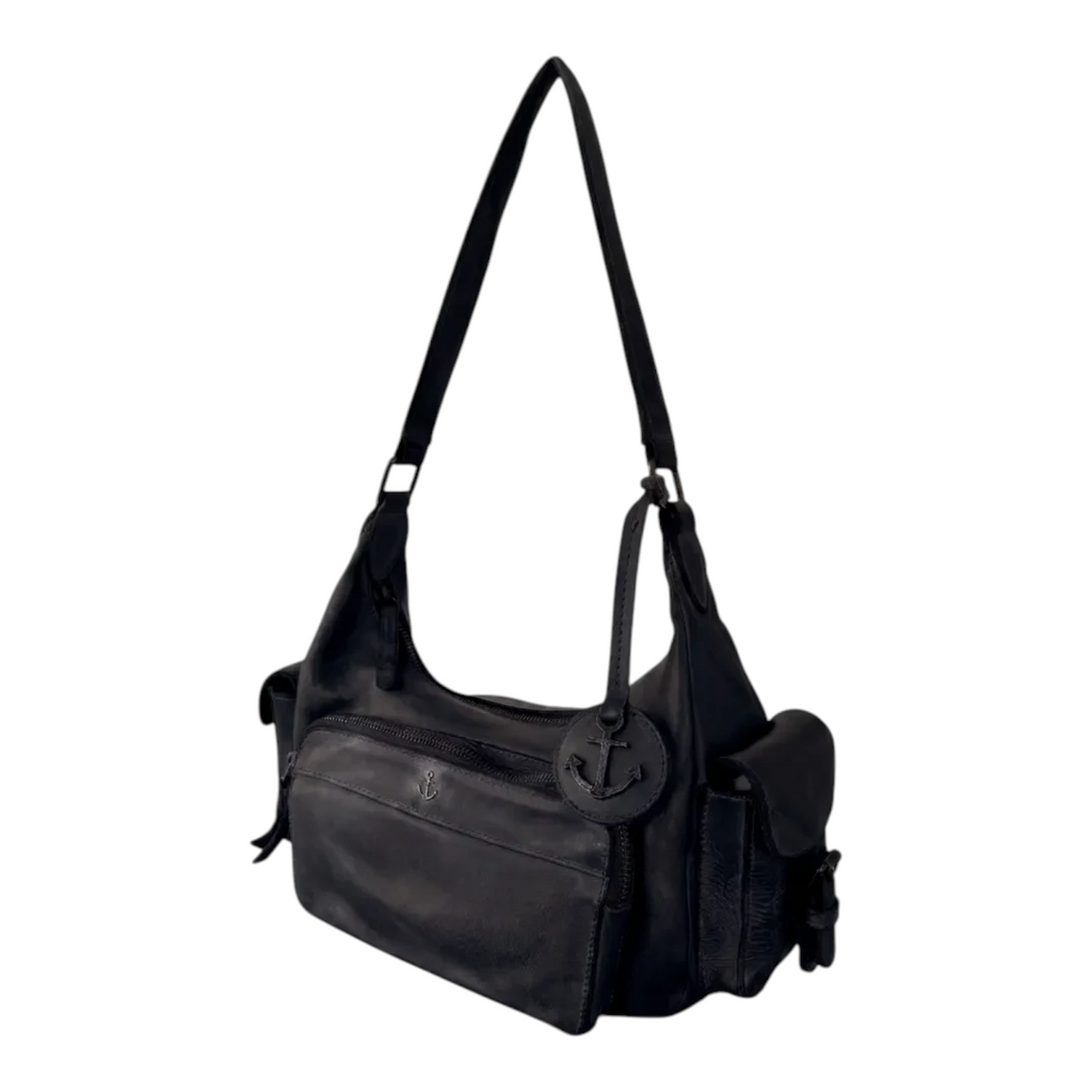 Lieblingstasche Nerina black leather shoulder bag with anchor charm and multiple exterior pockets