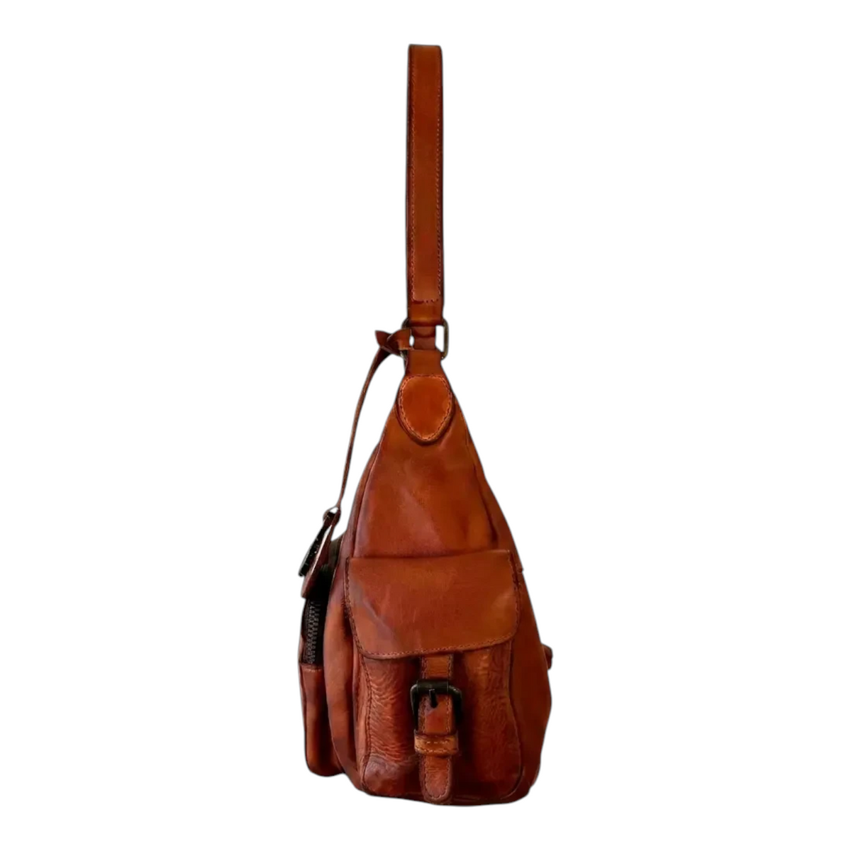Lieblingstasche Nerina brown leather crossbody bag with a side view showing a front pocket and adjustable strap