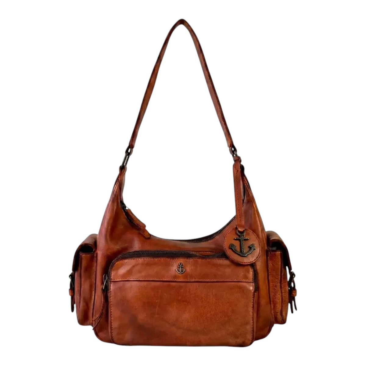 Lieblingstasche Nerina brown leather shoulder bag with anchor charm and side pockets